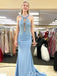 Sexy Light Blue Appliques Mermaid Open Back A-line Evening Gown Long Prom Dresses ,WGP689