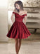 Red A-Line Off-Shoulder Short Satin Cheap Beaded Homecoming Dresses with Pockets, QB0043