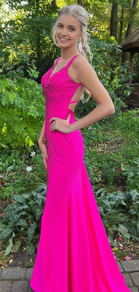 Elegant Pink Strapless Simple Spaghetti Strap Beading Evening Prom Dresses,WGP485