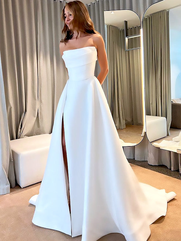 Elegant White Strapless Side Slit A-Line Long Wedding Dresses,WGP204