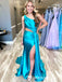 Sexy Light Blue One Shoulder Pleats Side Slit Mermaid Long Evening Prom Dresses,WGP501