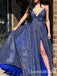 Charming Sparkle Sexy Deep V-neck Plunging Spaghetti Straps High Slit Evening Gown Long Prom Dresses,WGP730