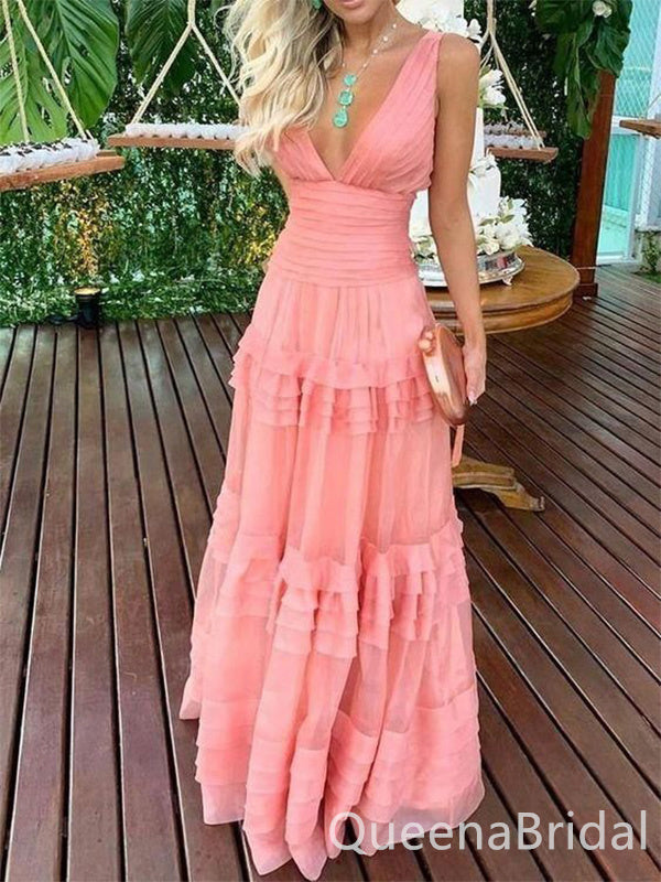 Sexy Enchanting Plunging A-line Evening Gown Long Prom Dresses with Pleats,WGP673