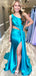 Sexy Light Blue One Shoulder Pleats Side Slit Mermaid Long Evening Prom Dresses,WGP501