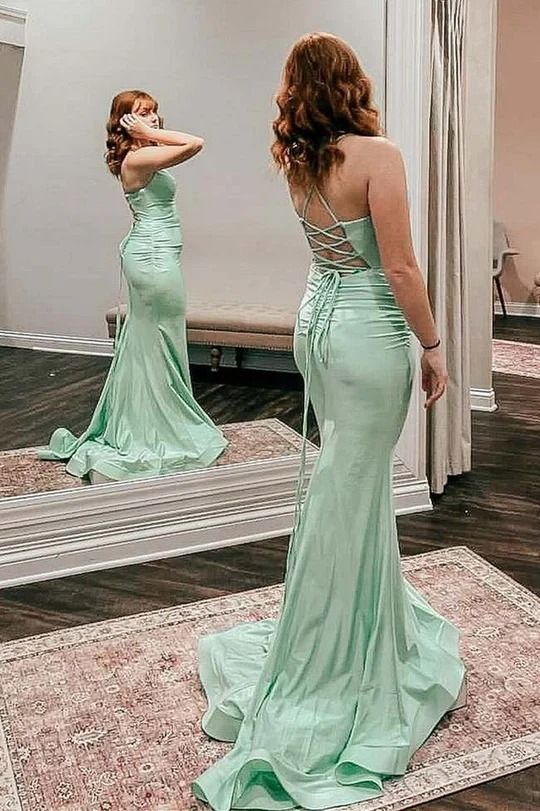 Green Sexy Lace Up Back Sweetheart Mermaid Spaghetti Straps Long Evening Gown Prom Dresses ,WGP572