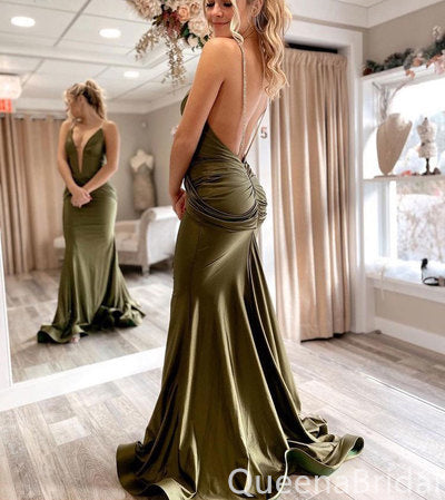 Sexy Sheath Spaghetti Straps Olive Green Plunging Open Back Evening Gown Long Formal Dresses Prom Dresses,WGP810