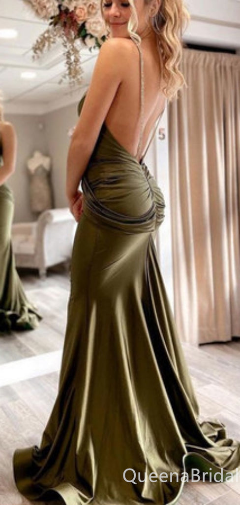 Sexy Sheath Spaghetti Straps Olive Green Plunging Open Back Evening Gown Long Formal Dresses Prom Dresses,WGP810