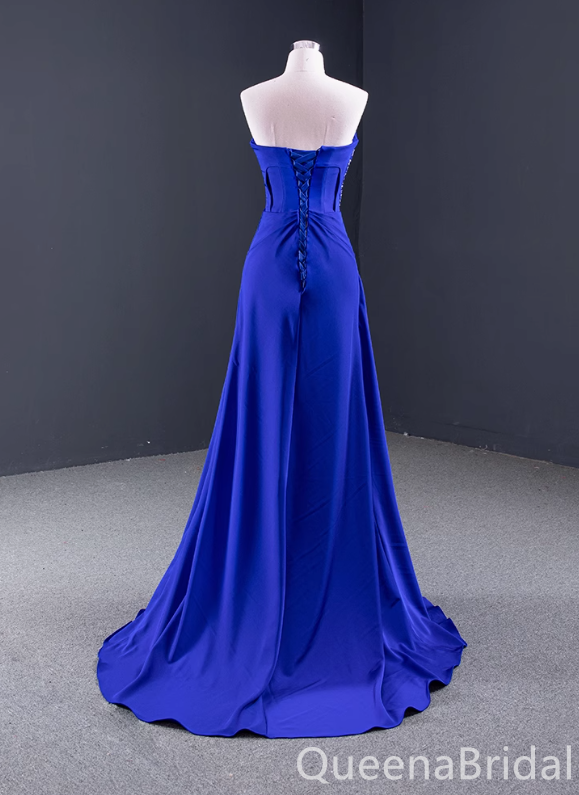 Stunning Strapless Embroidery Side Slit Lace up Back Party Dress Long Prom Dresses to Impress ,WGP1705