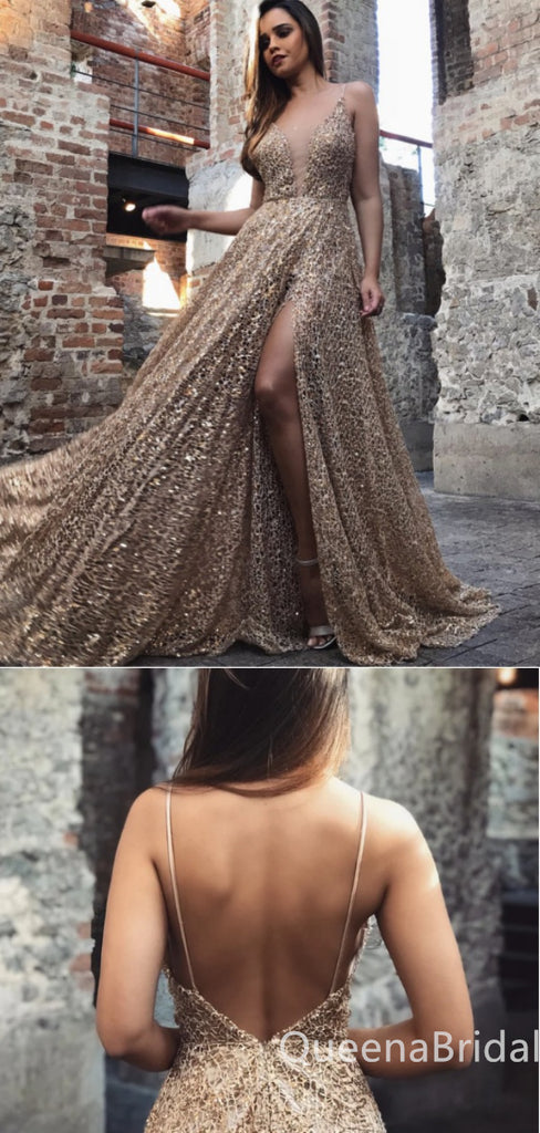 Sparkle Sexy Open Back A-line Spaghetti Straps Plunging Evening Gown Long Formal Dresses Prom Dresses ,WGP761