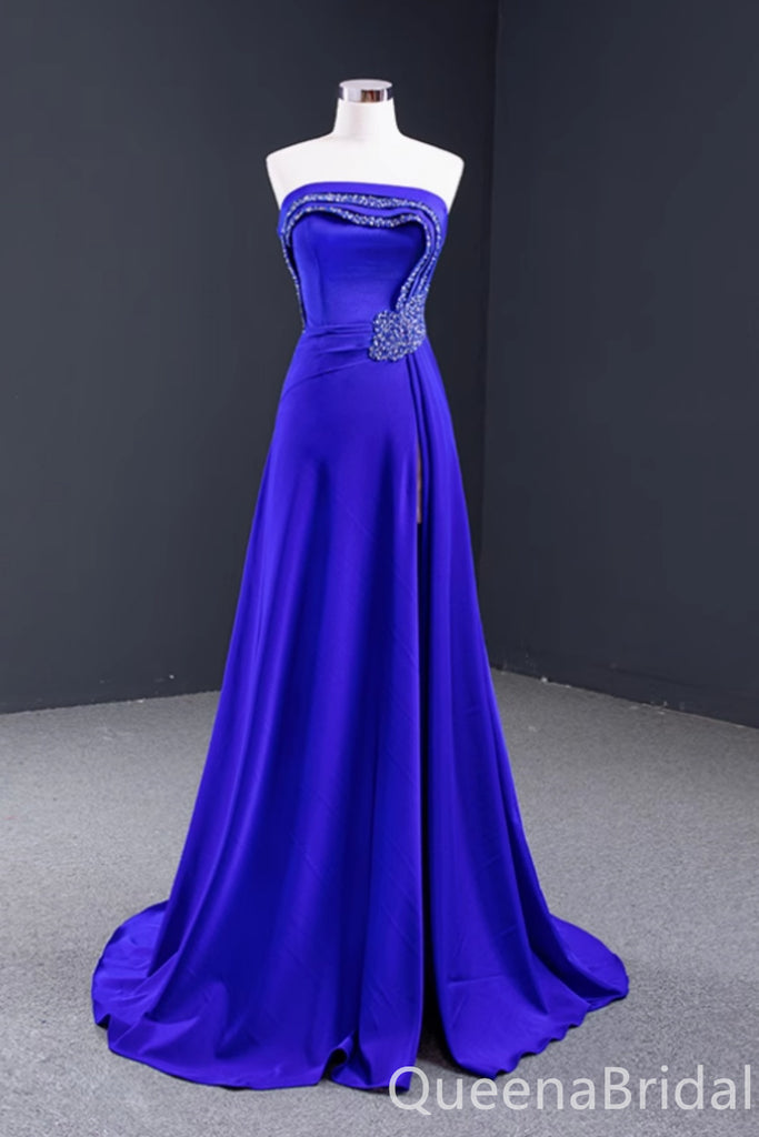 Stunning Strapless Embroidery Side Slit Lace up Back Party Dress Long Prom Dresses to Impress ,WGP1705