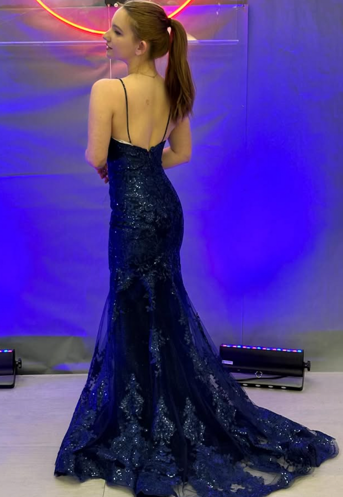 Sparkly Blue Spaghetti Straps V-neck Long Formal Gown to Impress,WGP1925