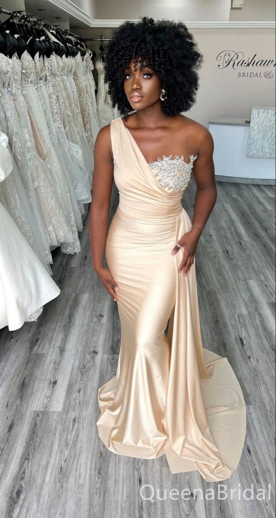 Sexy One Shoulder Mermaid Champagne Lace Appliques Long Party Dress Prom Dresses ,WGP1866