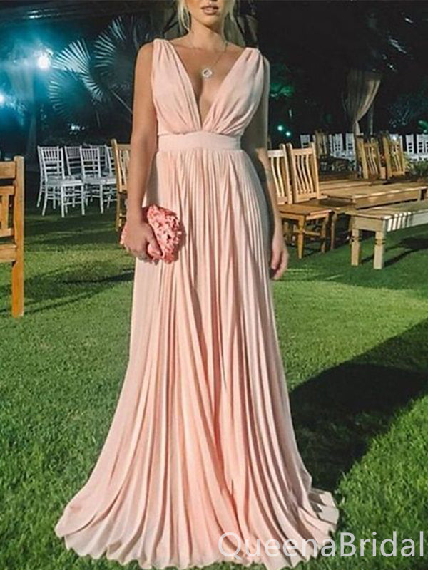 Gorgeous Blush Pink Plunging A-line Party Dress Long Prom Dresses to Impress ,WGP1620