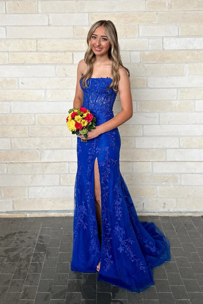 Sexy Dark Blue Lace Appliques Tulle Strapless Side Slit Mermaid Long Evening Prom Dresses,WGP498