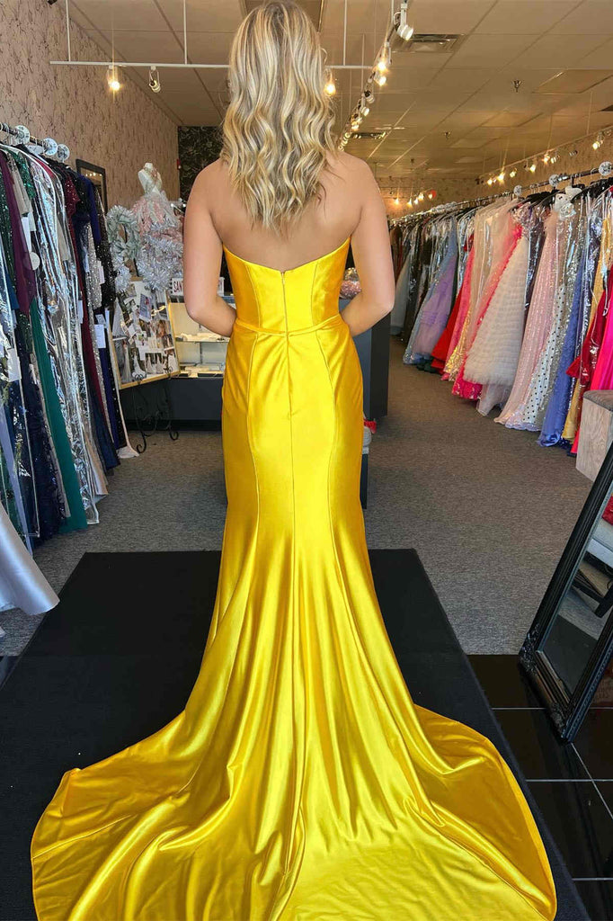 Elegant Yellow Pleats Strapless Mermaid Long Evening Prom Dresses,WGP510