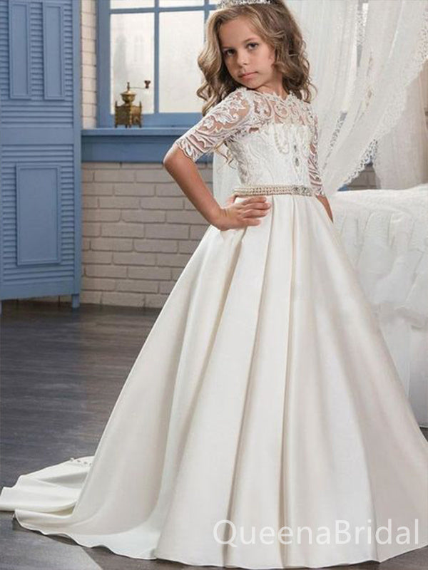 Elegant Beading A-line Half Sleeve Lace Appliques Floor Length Flower Girl Dresses, FGS0054