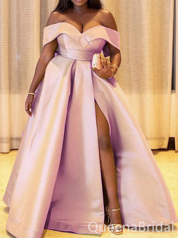 Off Shoulder Light Pink Plus Size Sweetheart A-line Long Prom Dresses to Impress with Slit ,WGP1327