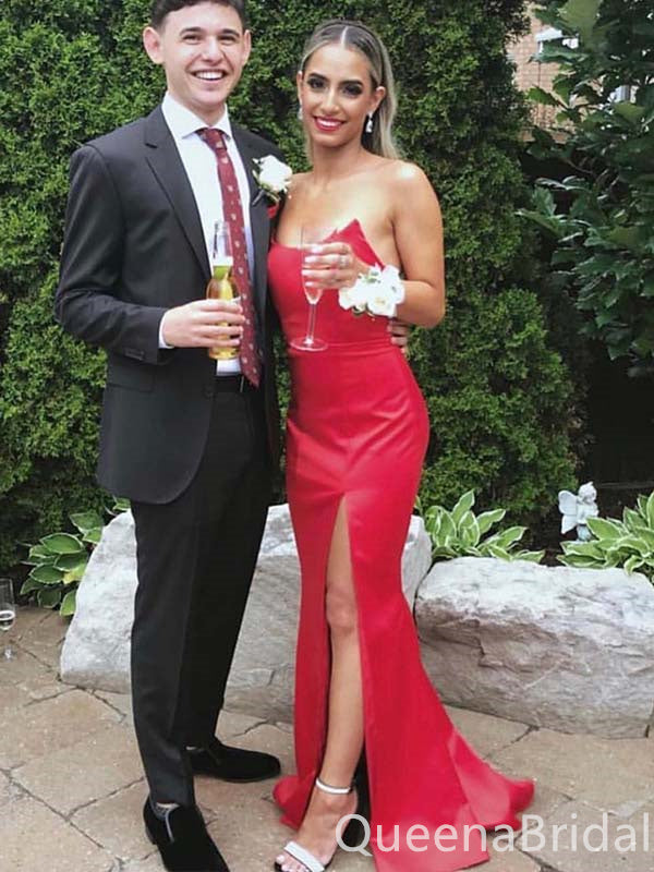 Sexy Red Strapless Mermaid Evening Gown Maxi Long Formal Dresses Prom Dresses with Side Slit,WGP821