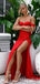 Sexy Red Off-the-shoulder A-line Sheer Corset Evening Gown Maxi Long Formal Dresses Prom Dresses with High Slit,WGP822