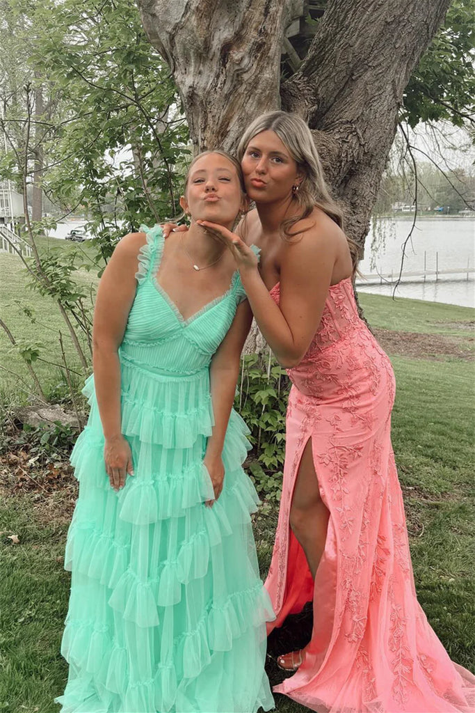 Elegant Green Spaghetti Straps Ruffle Tulle Strapless A-Line Long Evening Prom Dresses,WGP495