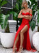 Sexy Red Off-the-shoulder A-line Sheer Corset Evening Gown Maxi Long Formal Dresses Prom Dresses with High Slit,WGP822