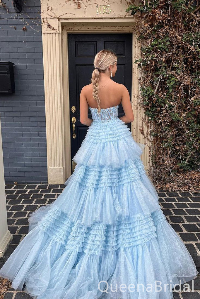 Elegant Lace Appliques Tiered Tulle Side Slit A-line Sexy Strapless Ruffles Evening Gown Long Prom Dresses ,WGP643