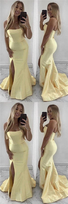 Sexy Side Slit Yellow Strapless Mermaid Long Formal Prom Dresses Evening Gown ,WGP541