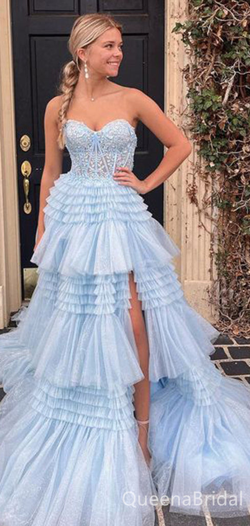 Elegant Lace Appliques Tiered Tulle Side Slit A-line Sexy Strapless Ruffles Evening Gown Long Prom Dresses ,WGP643