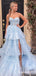 Elegant Lace Appliques Tiered Tulle Side Slit A-line Sexy Strapless Ruffles Evening Gown Long Prom Dresses ,WGP643