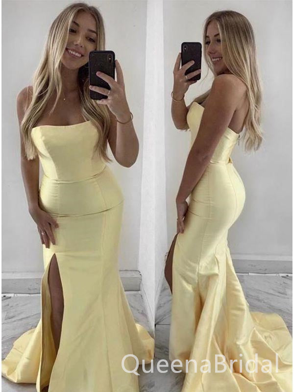 Sexy Side Slit Yellow Strapless Mermaid Long Formal Prom Dresses Evening Gown ,WGP541