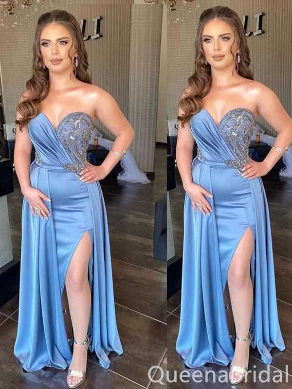 Gorgeous Blue Strapless Beaded Sweetheart Side Slit Mermaid Long Party Dress Prom Dresses ,WGP1869