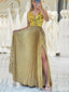 Shiny Gold V Neck A-line Side Slit Long Party Dress Prom Dresses ,WGP1873