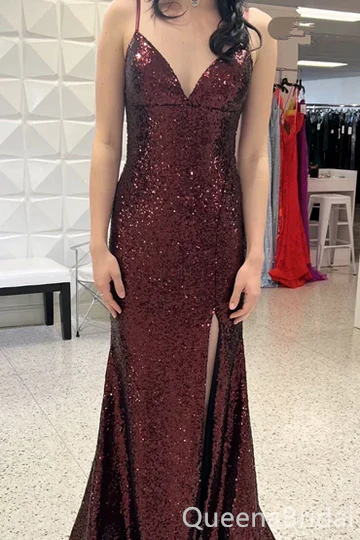 Gorgeous Burgundy Spaghetti Straps Sweetheart Open Back Mermaid Long Party Dress Prom Dresses ,WGP1876