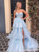 Elegant Lace Appliques Tiered Tulle Side Slit A-line Sexy Strapless Ruffles Evening Gown Long Prom Dresses ,WGP643