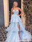 Elegant Lace Appliques Tiered Tulle Side Slit A-line Sexy Strapless Ruffles Evening Gown Long Prom Dresses ,WGP643