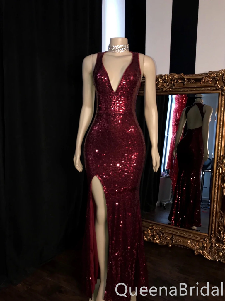 Sexy Wine Side Slit Mermaid Party Dress Long Prom Dresses to Impress ,WGP1708