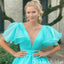 Sky Blue Deep V-neck A-line Ball Gown Evening Gown Maxi Long Formal Dresses Prom Dresses with Bubble Sleeves,WGP964