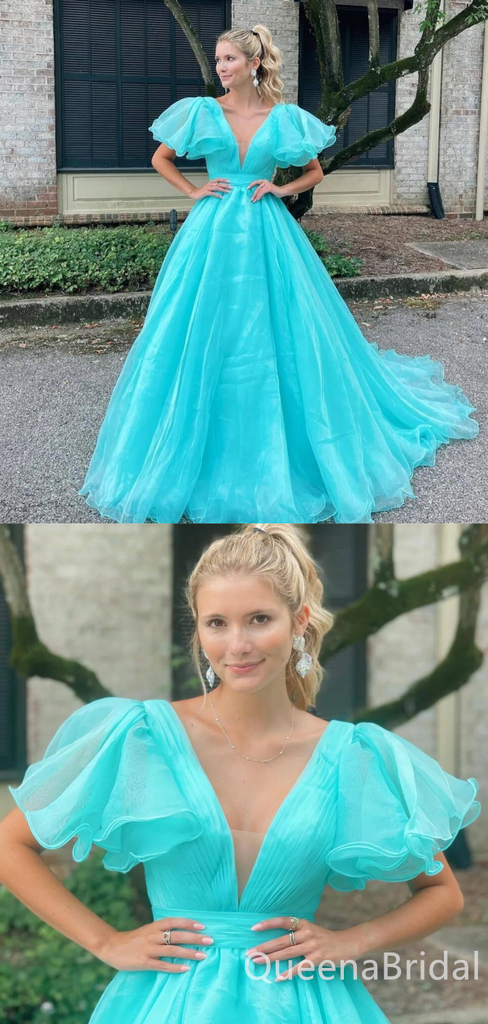 Sky Blue Deep V-neck A-line Ball Gown Evening Gown Maxi Long Formal Dresses Prom Dresses with Bubble Sleeves,WGP964