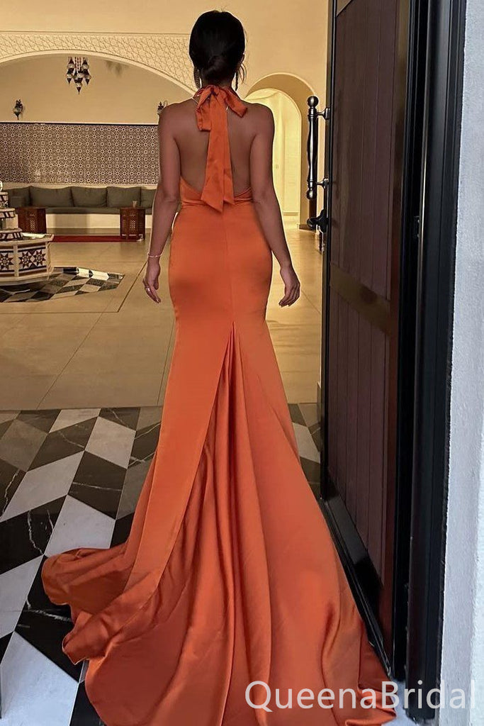 Gorgeous Halter Open Back Burnt-Orange Mermaid Long Party Dress Prom Dresses ,WGP1879