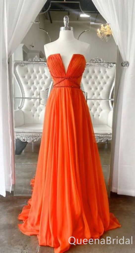 Elegant Orange Strapless V Neck A-line Long Party Dress Prom Dresses ,WGP1881