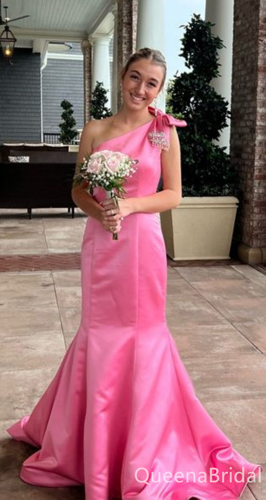 Gorgeous One Shoulder Pink Bow Mermaid Long Party Dress Prom Dresses ,WGP1882