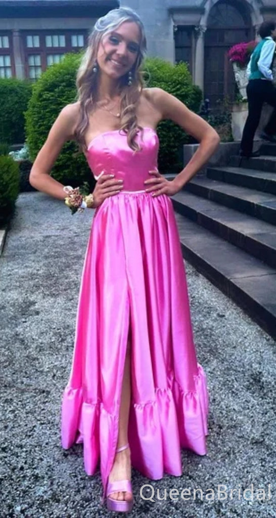 Elegant Pink Strapless Front Slit A-line Open Back Long Party Dress Prom Dresses ,WGP1883