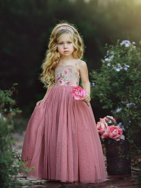 Spaghetti Strap Long Dusty Rose Floral Flower Girl Dresses, QB0328