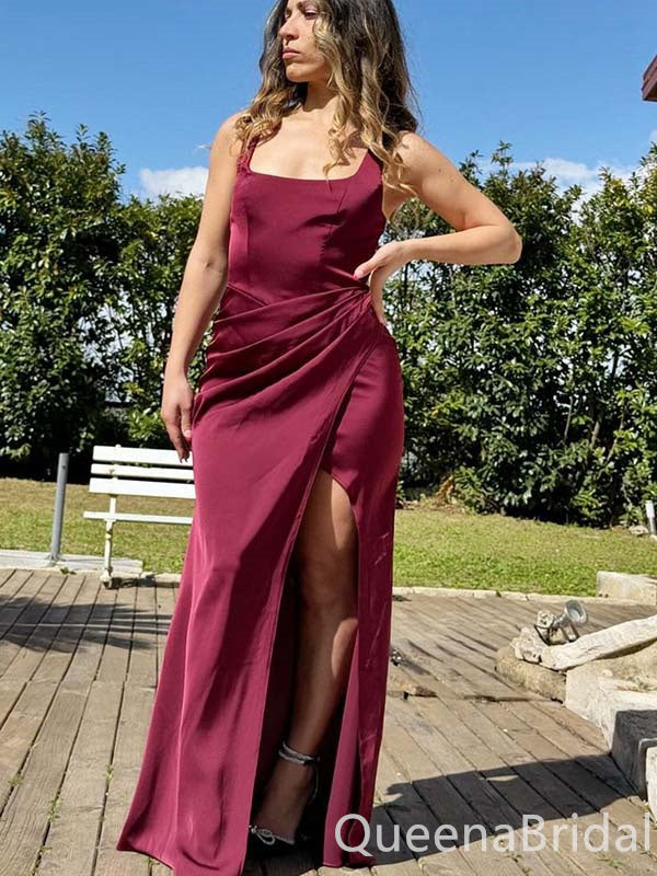 Gorgeous Sexy Square Neck Burgundy High Slit Evening Gown Long Prom Dresses with Pleats,WGP724