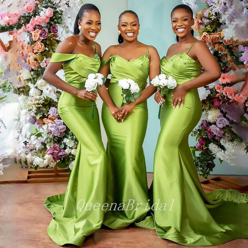 Unique Green Off Shoulder Beading Mermaid Long Cheap Bridesmaid Dresses,BDS0166