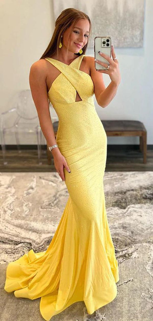 Sexy Unique Yellow Backless Mermaid Maxi Long Formal Prom Dresses Evening Gown ,WGP542