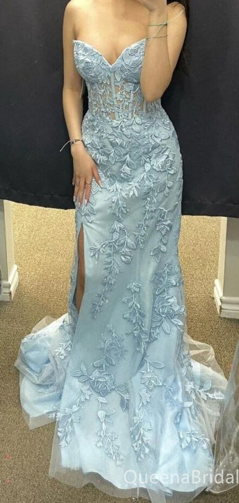 Sexy Strapless Leaf Appliques Lace Side Slit Evening Gown Long Prom Dresses ,WGP703