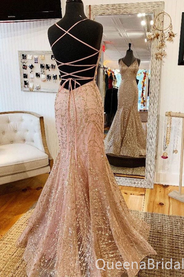 Sparkle Sexy V-neck Lace Appliques Lace Up Back Mermaid Evening Gown Maxi Long Formal Dresses Prom Dresses ,WGP898