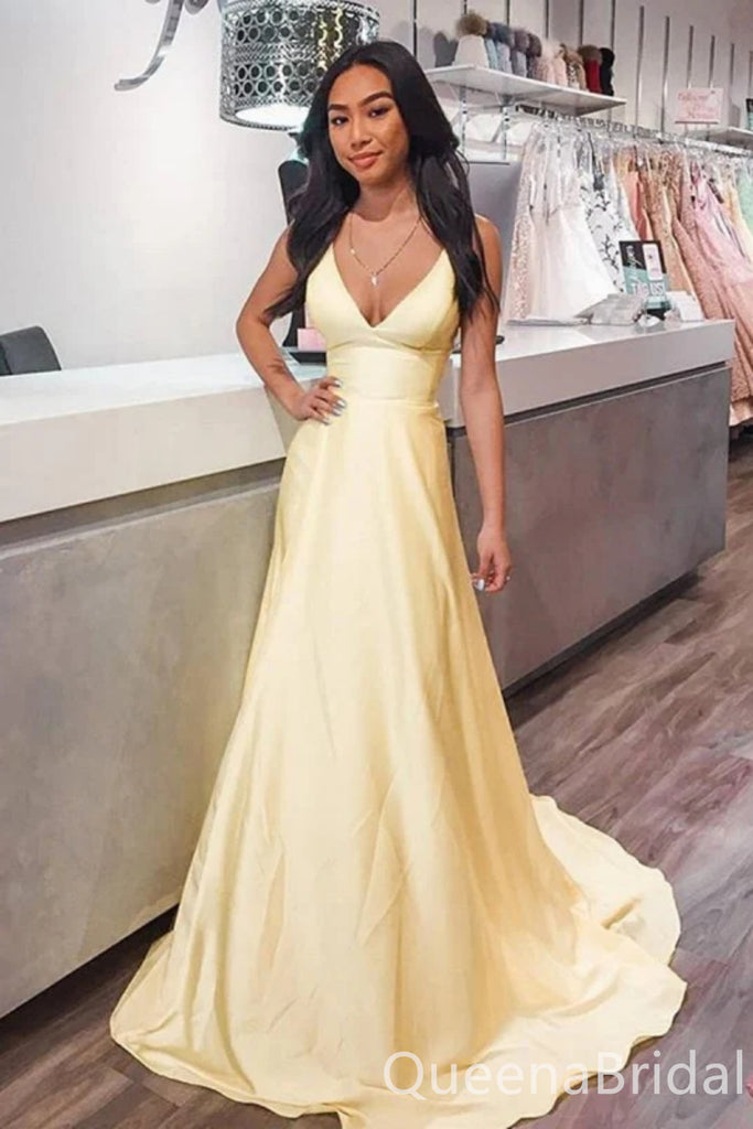 Sexy Light Yellow V Neck A-line Party Dress Long Prom Dresses to Impress ,WGP1624