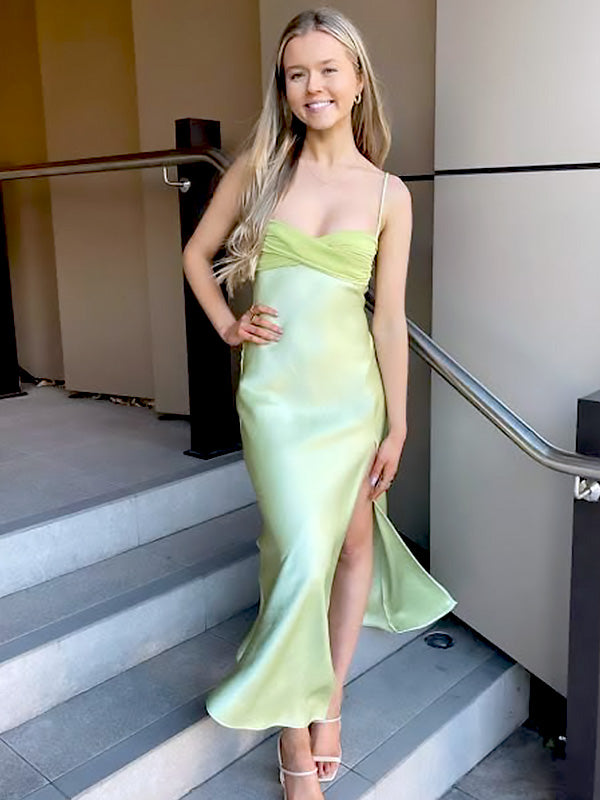 Elegant Light Green Spaghetti Strap Mermaid Side Slit Sleeveless Evening Prom Dresses,WGP515